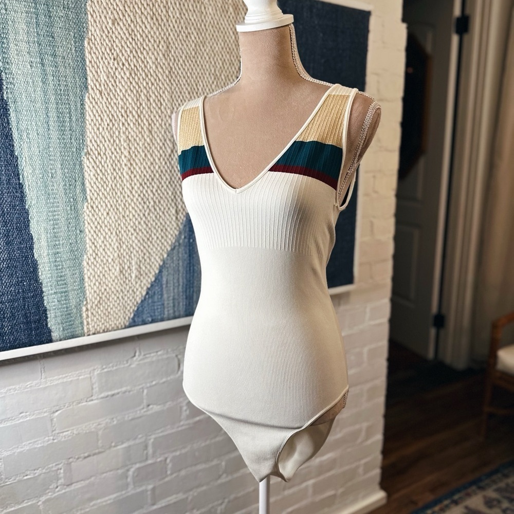 NWOT Xhilaration Creamy Ribbed BodySuit with Teal and Gold Accents